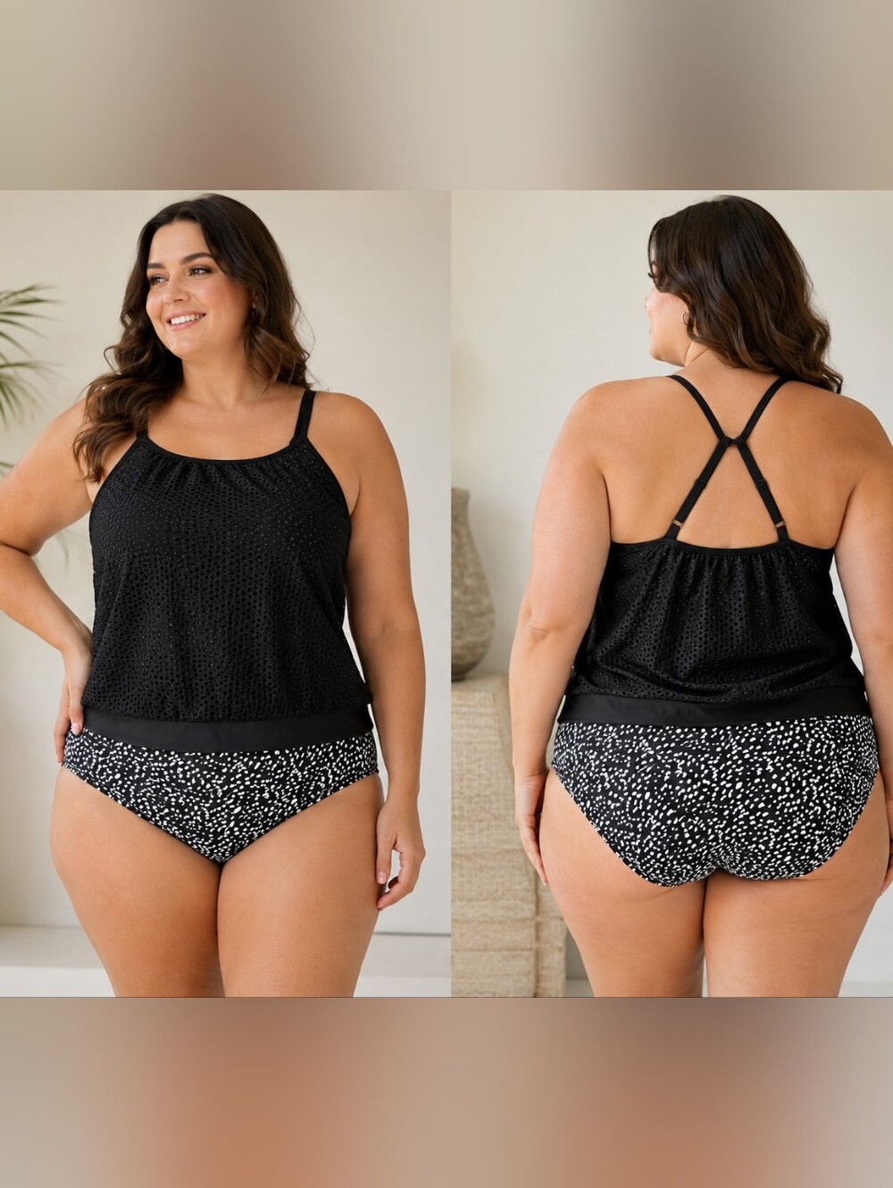 Swim By Cacique 2pc Black Blouson Tankini Top and Printed Bottoms Size 26